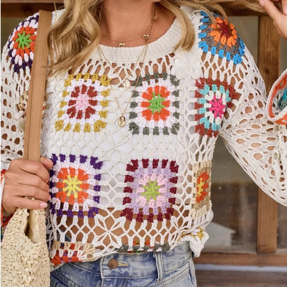 Boho Granny Square Colorful Long Sleeve Top